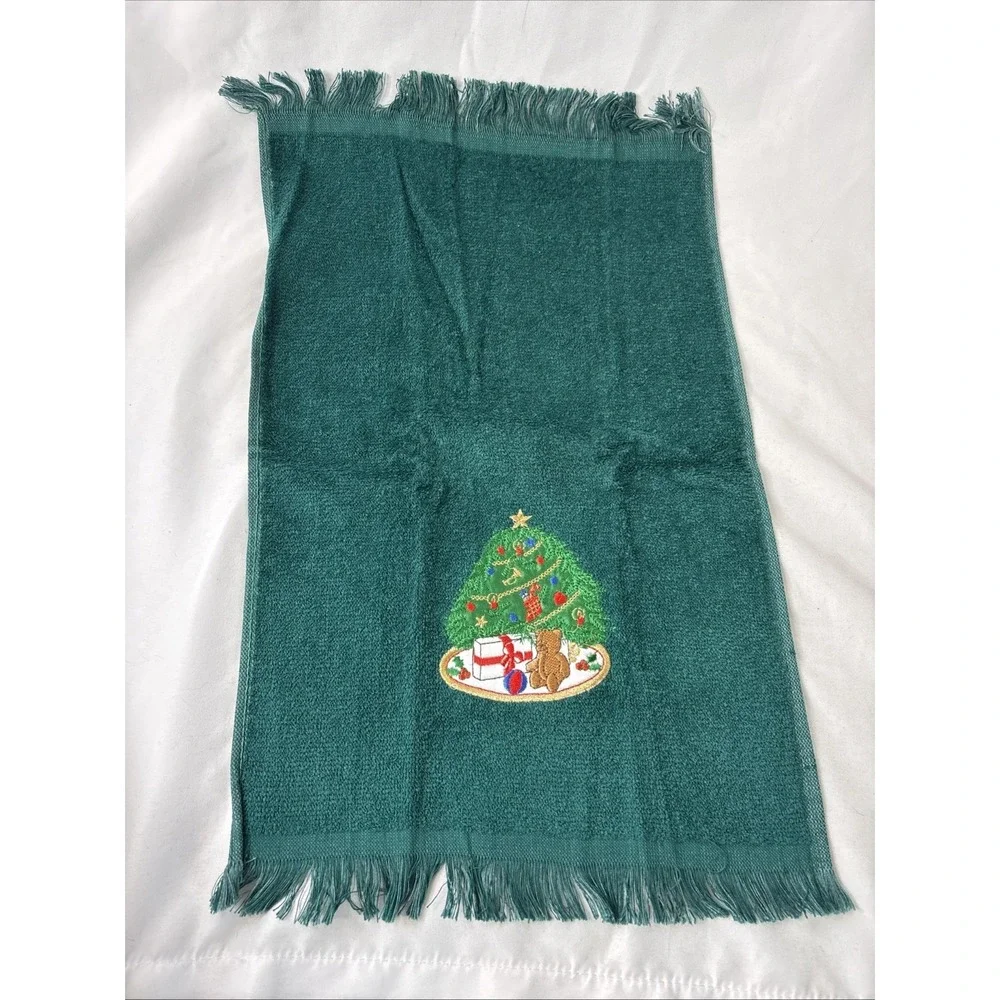 Vtg Christmas Fingertip Towels Set Of 6 Green Embroidered Teddy Bear Tree New